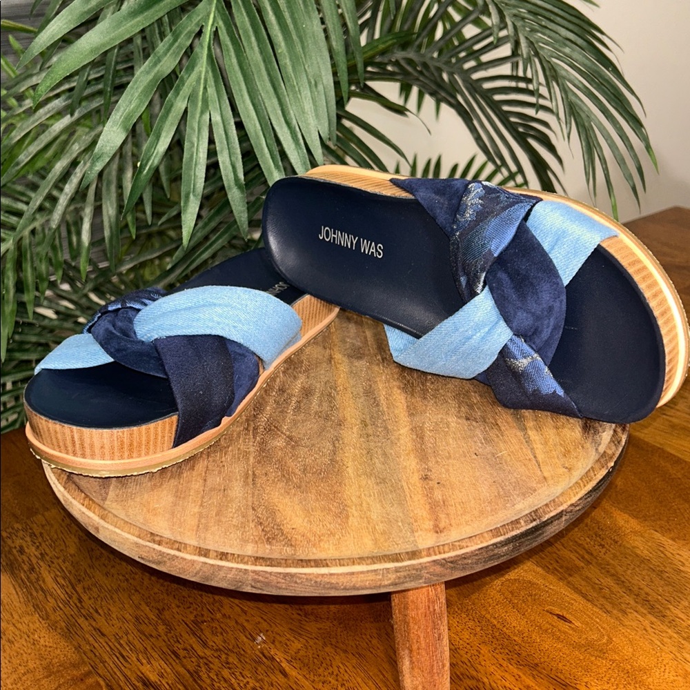 Johnny Was sunny garden twist Navy and Light Blue Slide Sandals